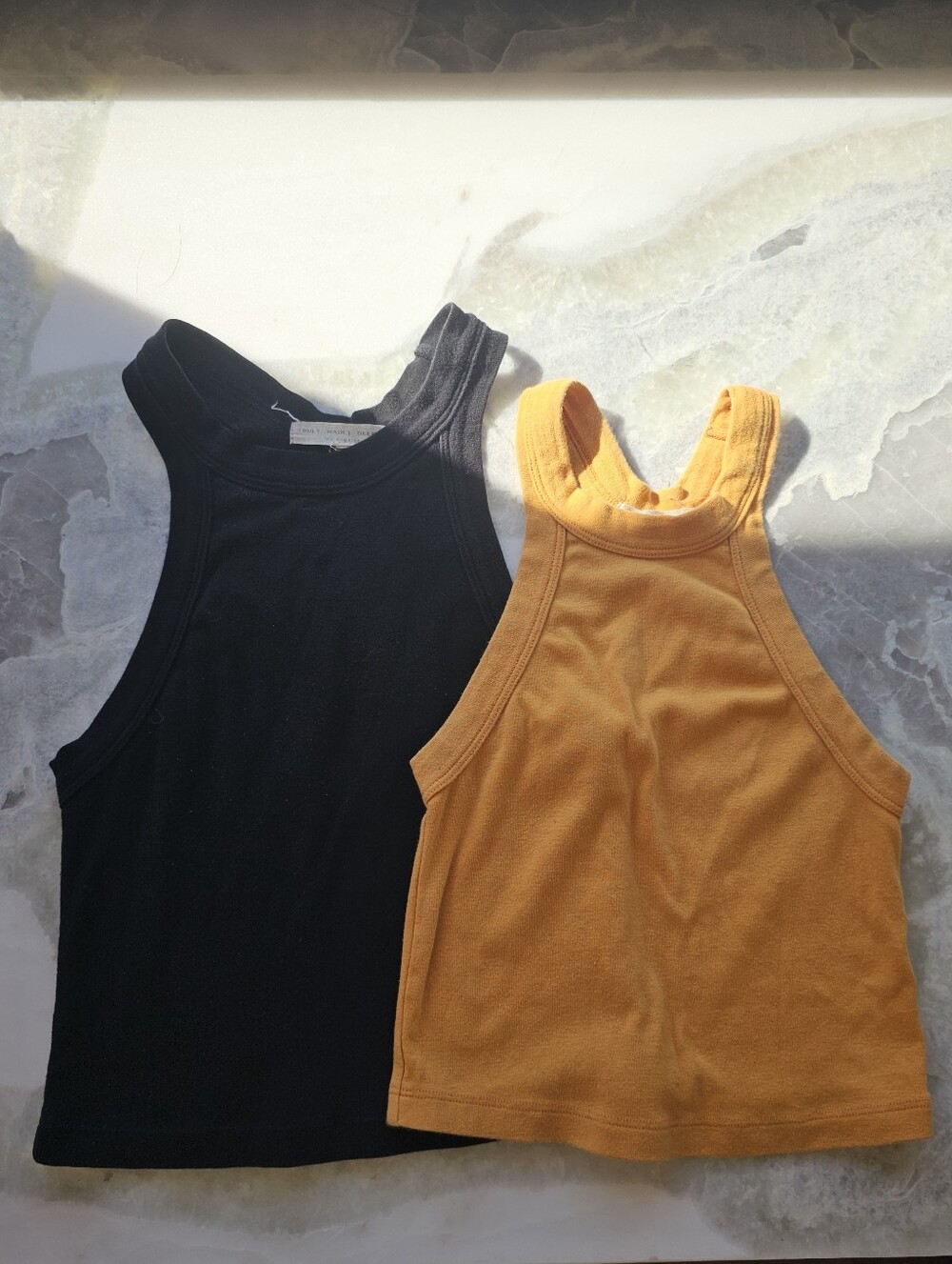 Truly Madly Deeply Black and Mustard Ribbed Racerback Tank Tops